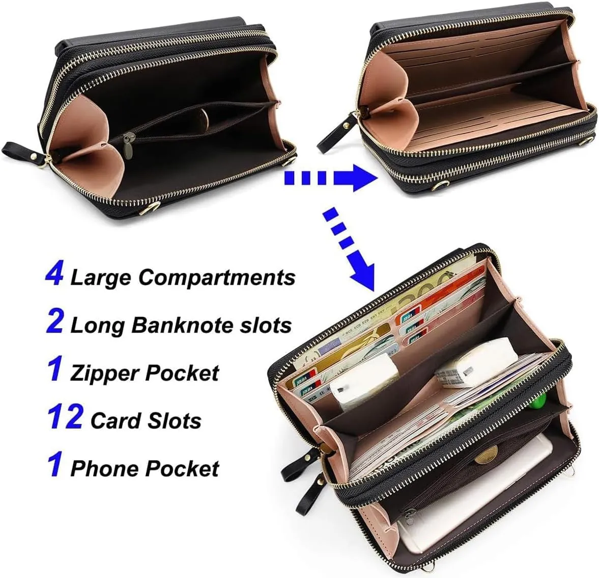 Women Leather Wallet Crossbody Shoulder Bag with Double Zipper and Mobile Phone Purse with Shoulder Strap