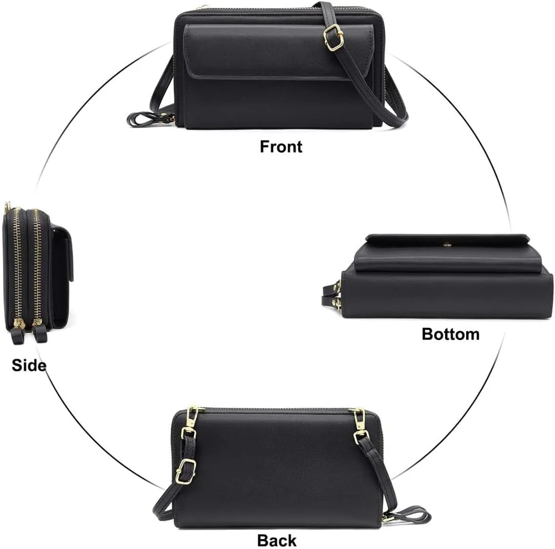 Women Leather Wallet Crossbody Shoulder Bag with Double Zipper and Mobile Phone Purse with Shoulder Strap
