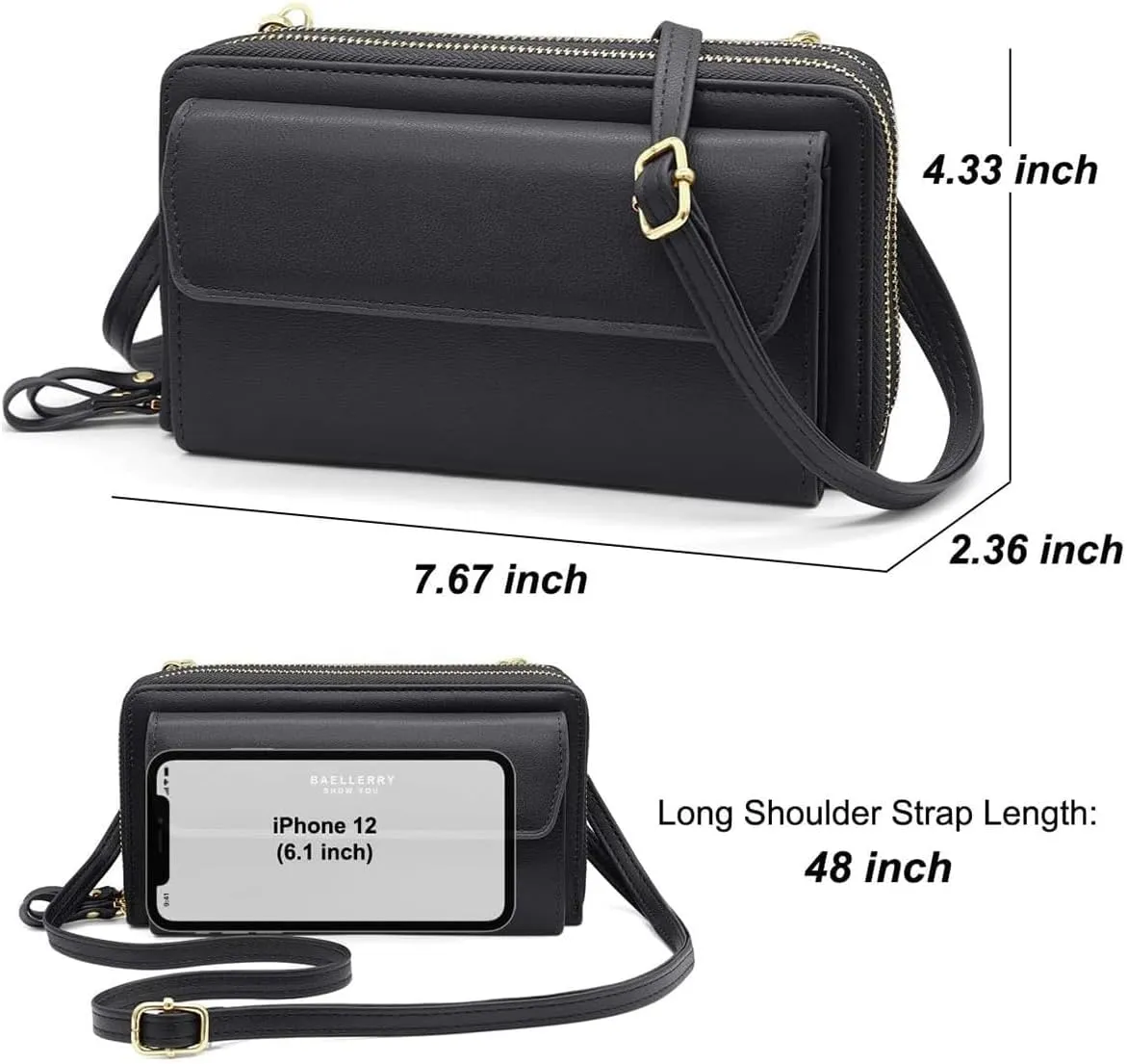 Women Leather Wallet Crossbody Shoulder Bag with Double Zipper and Mobile Phone Purse with Shoulder Strap