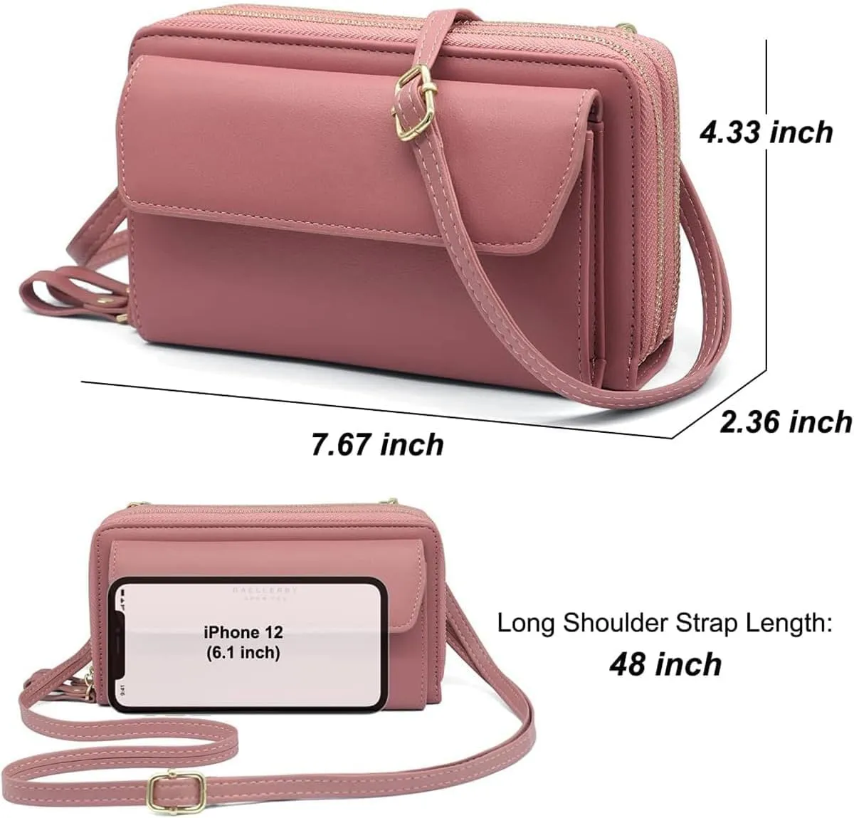 Women Leather Wallet Crossbody Shoulder Bag with Double Zipper and Mobile Phone Purse with Shoulder Strap