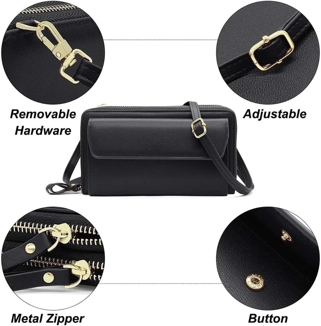 Women Leather Wallet Crossbody Shoulder Bag with Double Zipper and Mobile Phone Purse with Shoulder Strap