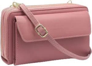 Women Leather Wallet Crossbody Shoulder Bag with Double Zipper and Mobile Phone Purse with Shoulder Strap