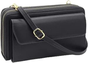 Women Leather Wallet Crossbody Shoulder Bag with Double Zipper and Mobile Phone Purse with Shoulder Strap