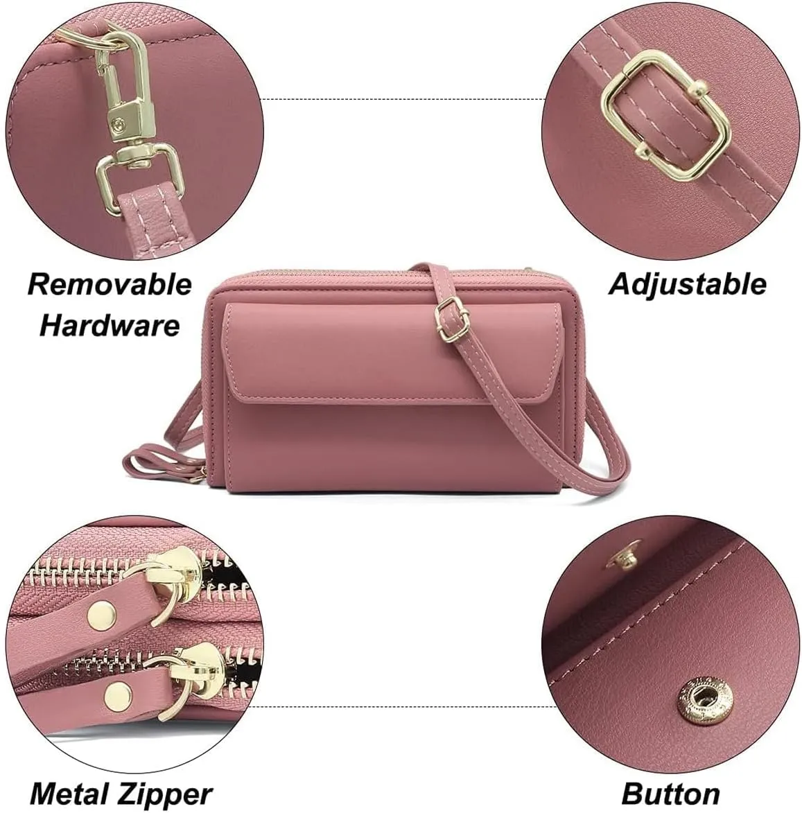 Women Leather Wallet Crossbody Shoulder Bag with Double Zipper and Mobile Phone Purse with Shoulder Strap