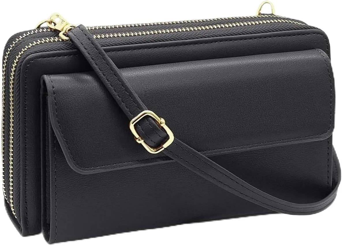 Women Leather Wallet Crossbody Shoulder Bag with Double Zipper and Mobile Phone Purse with Shoulder Strap