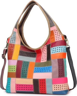 Women Multicoloured Handbag Leather Hollow Stitching Shoulder Satchel Purse Tote