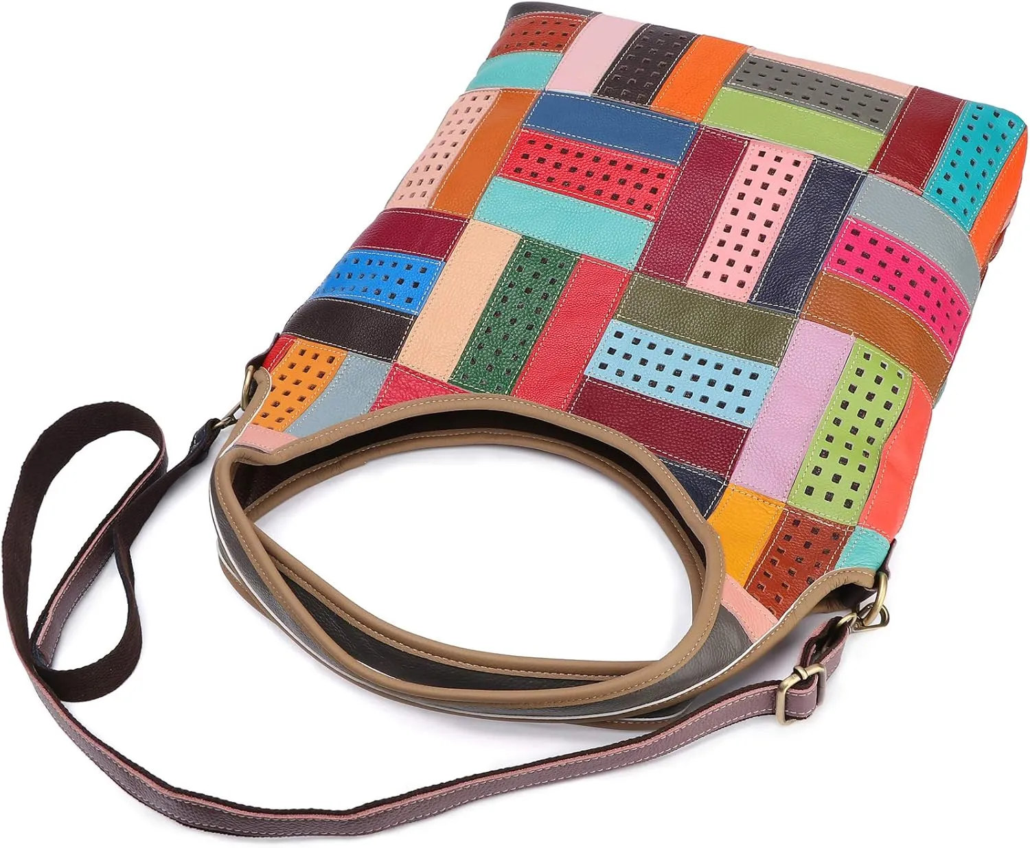 Women Multicoloured Handbag Leather Hollow Stitching Shoulder Satchel Purse Tote