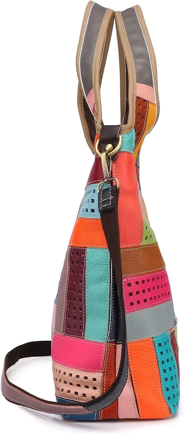 Women Multicoloured Handbag Leather Hollow Stitching Shoulder Satchel Purse Tote