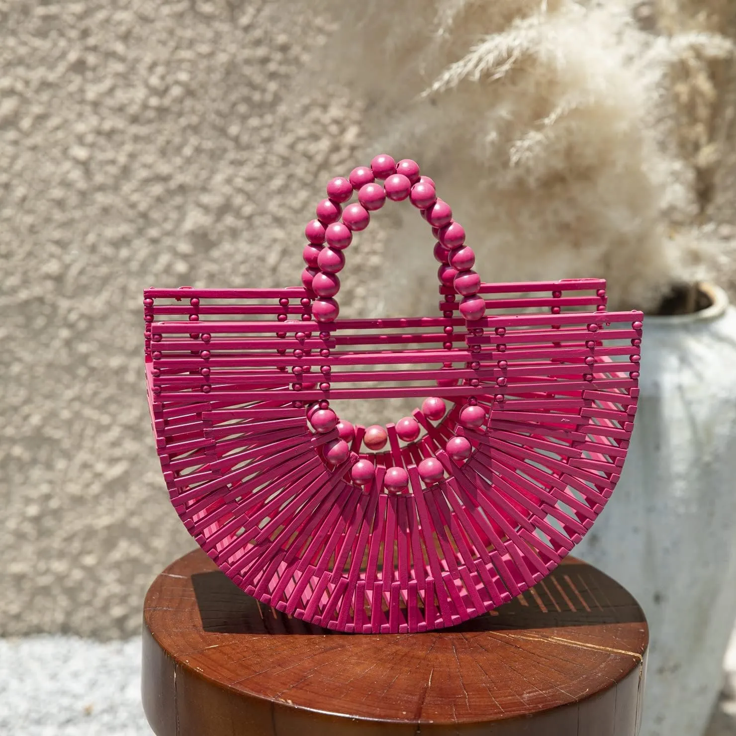 Womens Bamboo Handbags with Wooden Beads Tote Bag, Handmade Straw Bag for Summer Beach