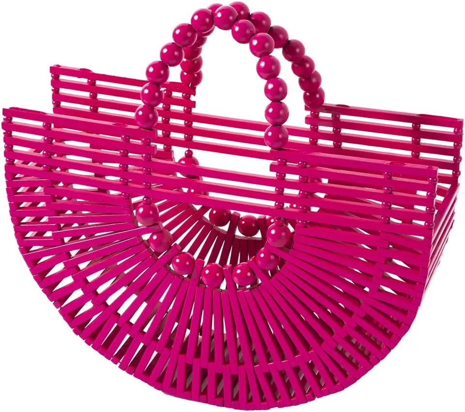 Womens Bamboo Handbags with Wooden Beads Tote Bag, Handmade Straw Bag for Summer Beach