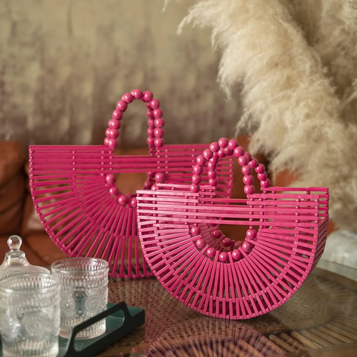 Womens Bamboo Handbags with Wooden Beads Tote Bag, Handmade Straw Bag for Summer Beach