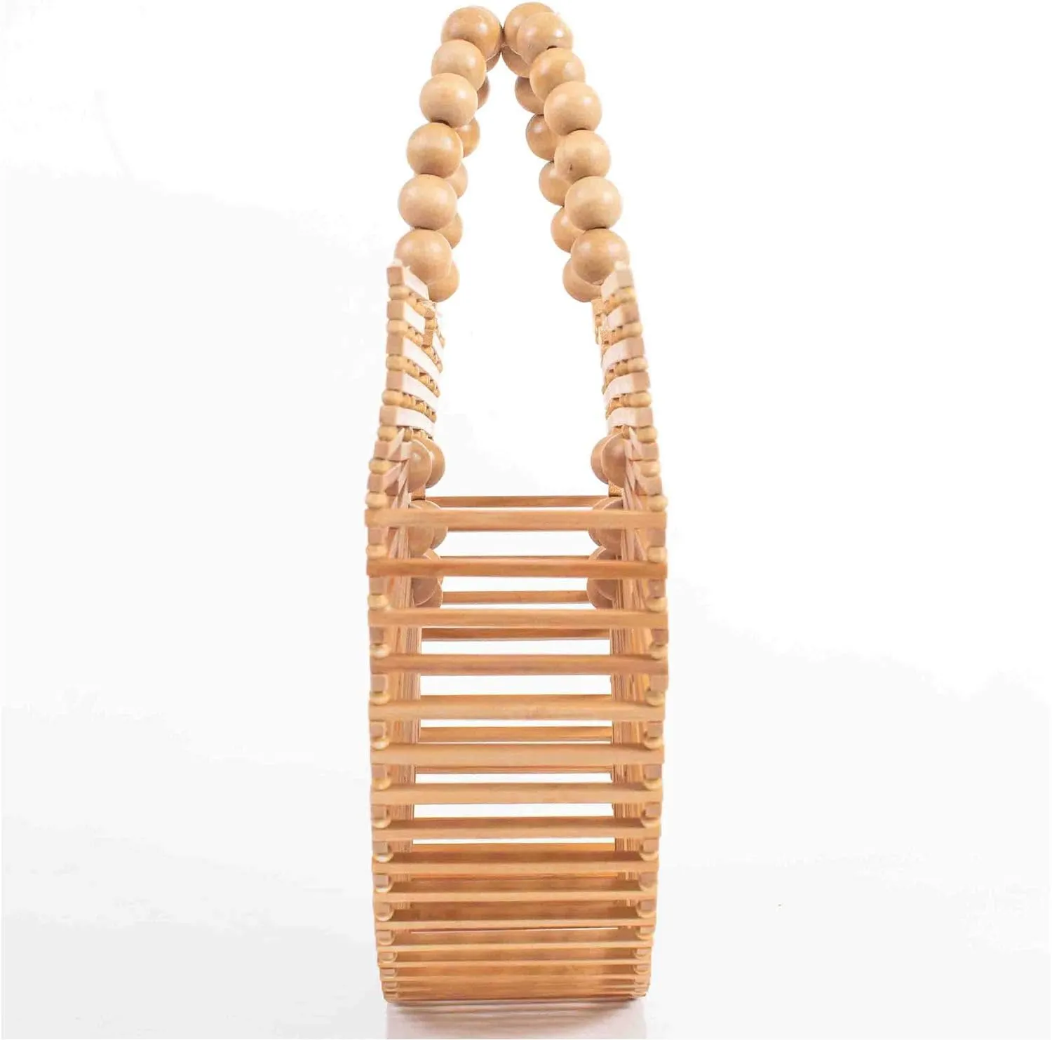 Womens Bamboo Handbags with Wooden Beads Tote Bag, Handmade Straw Bag for Summer Beach
