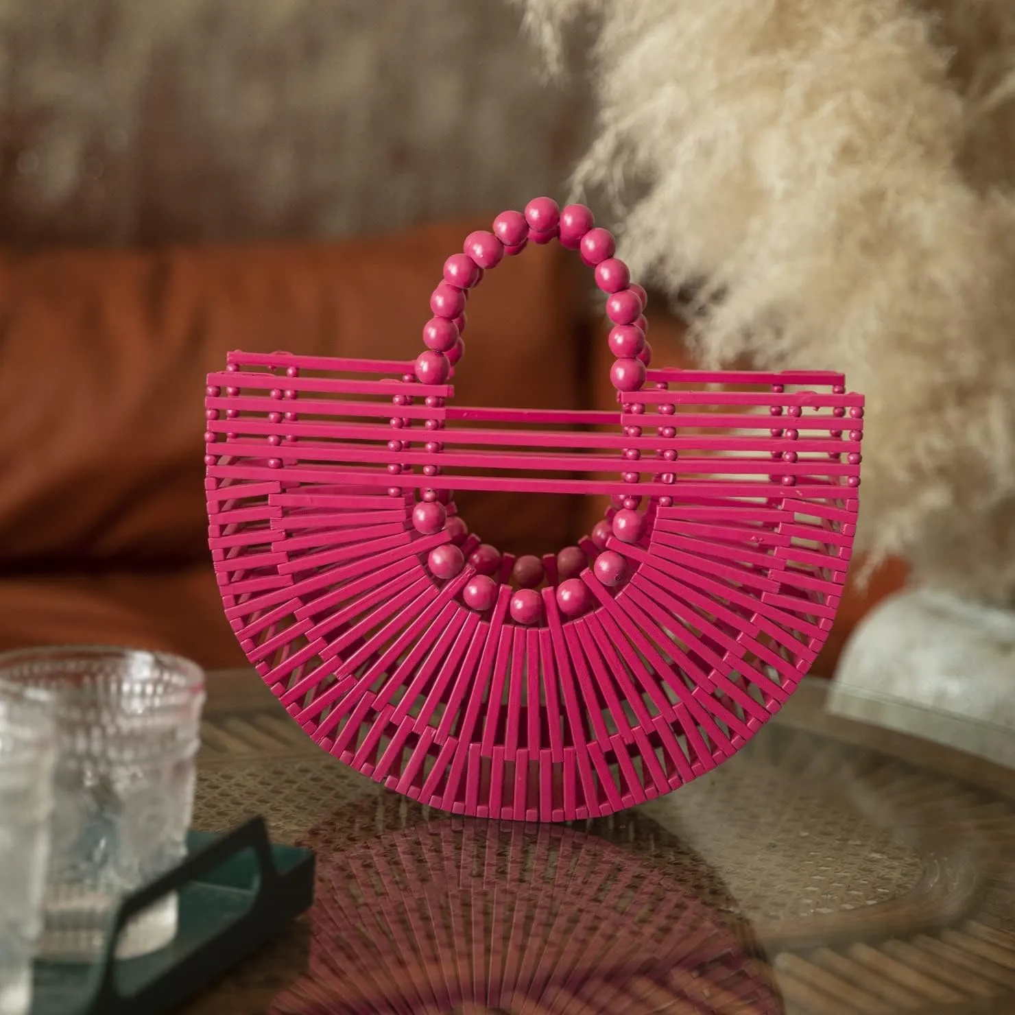 Womens Bamboo Handbags with Wooden Beads Tote Bag, Handmade Straw Bag for Summer Beach