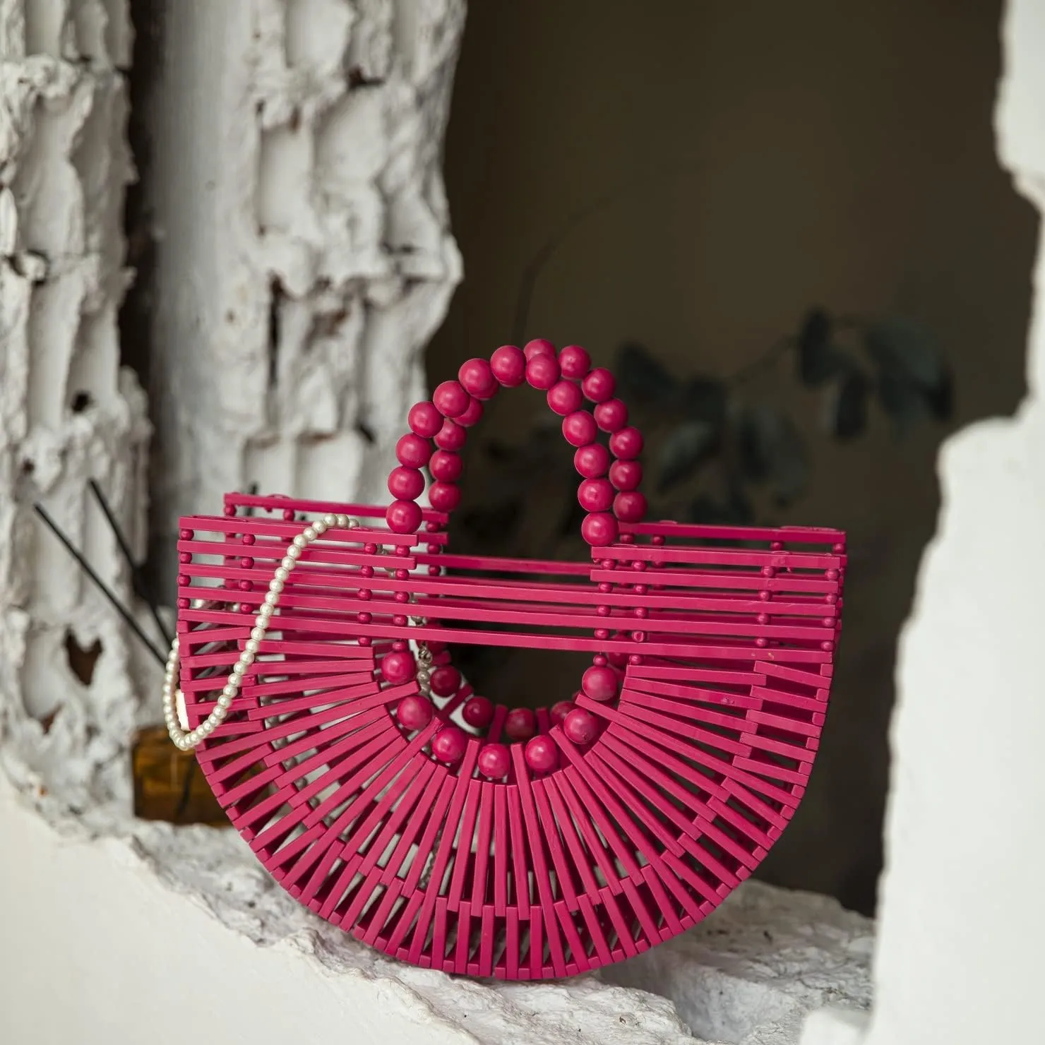 Womens Bamboo Handbags with Wooden Beads Tote Bag, Handmade Straw Bag for Summer Beach