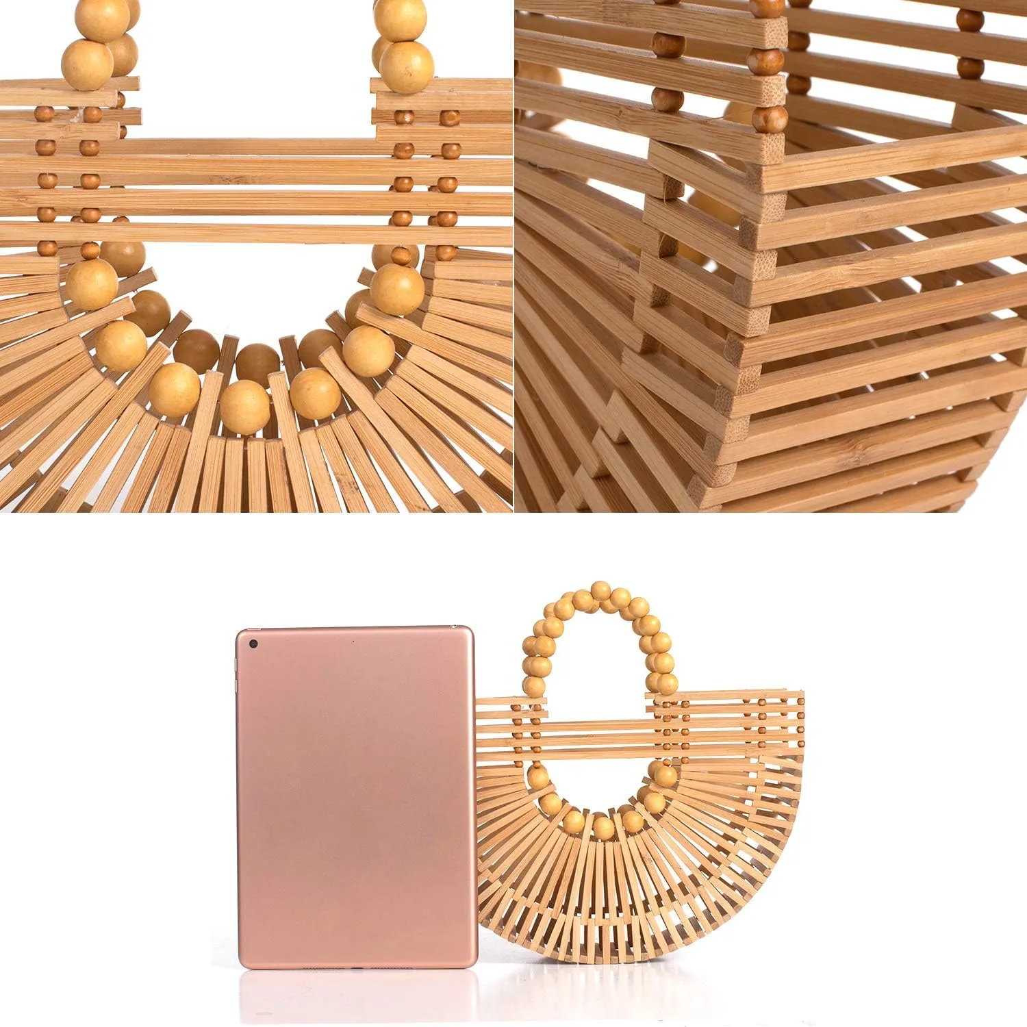 Womens Bamboo Handbags with Wooden Beads Tote Bag, Handmade Straw Bag for Summer Beach