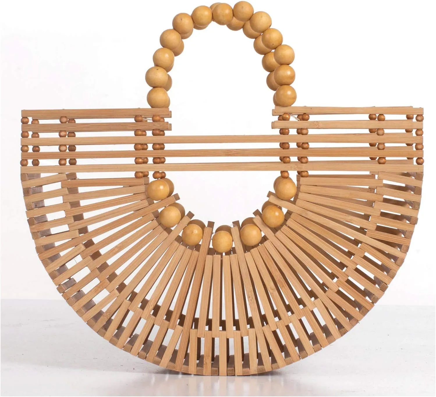 Womens Bamboo Handbags with Wooden Beads Tote Bag, Handmade Straw Bag for Summer Beach