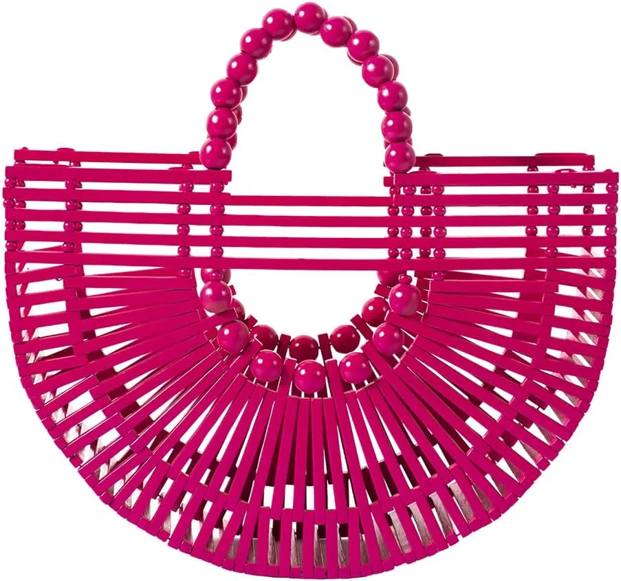Womens Bamboo Handbags with Wooden Beads Tote Bag, Handmade Straw Bag for Summer Beach