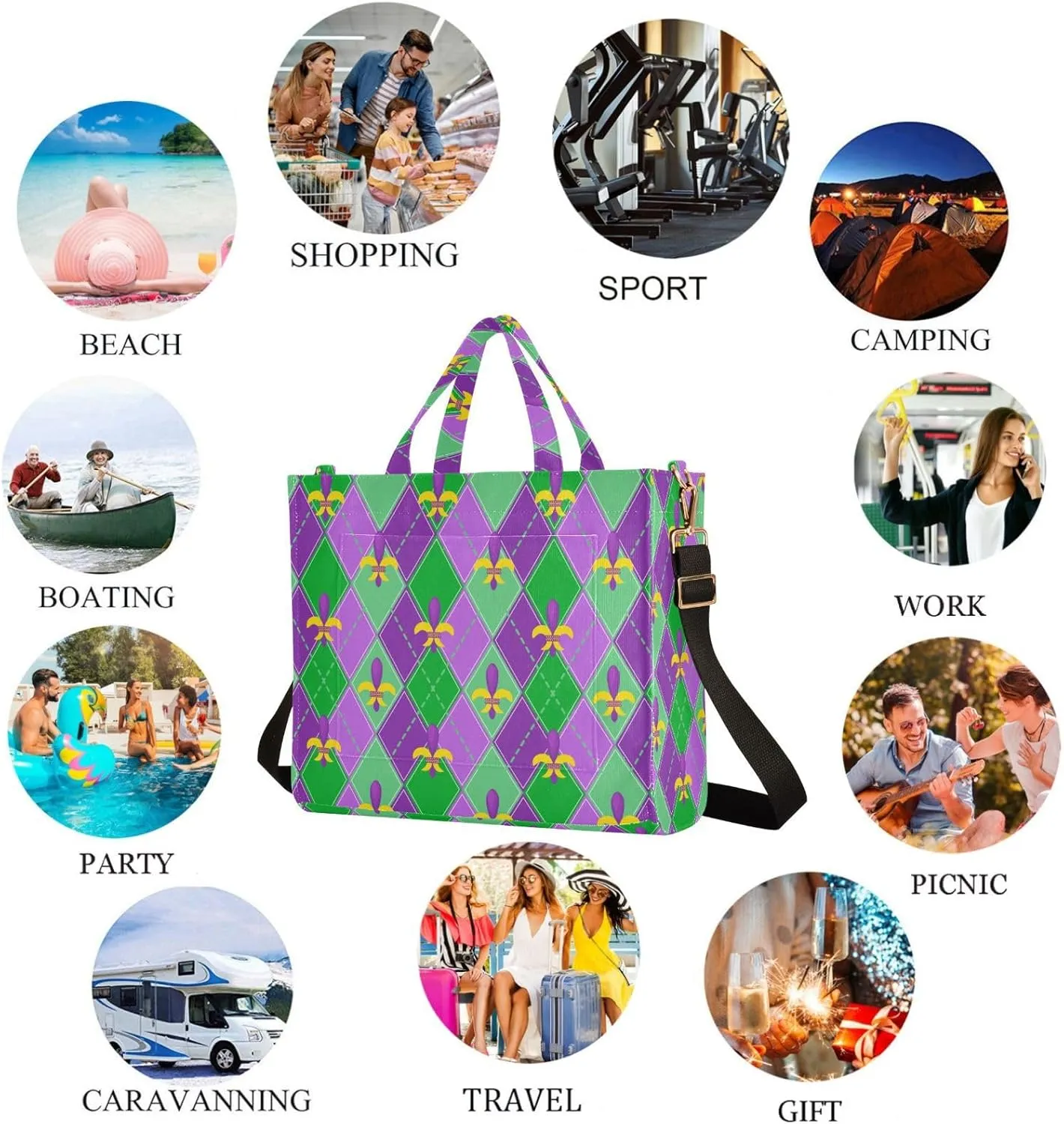 Womens Corduroy Handbag Mardi Gras Carnival Geometric Fleur-de-lis Satchel Bag for Travel Beach Gym Shopping