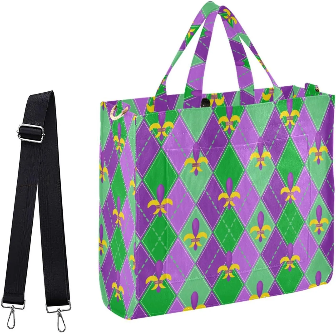 Womens Corduroy Handbag Mardi Gras Carnival Geometric Fleur-de-lis Satchel Bag for Travel Beach Gym Shopping
