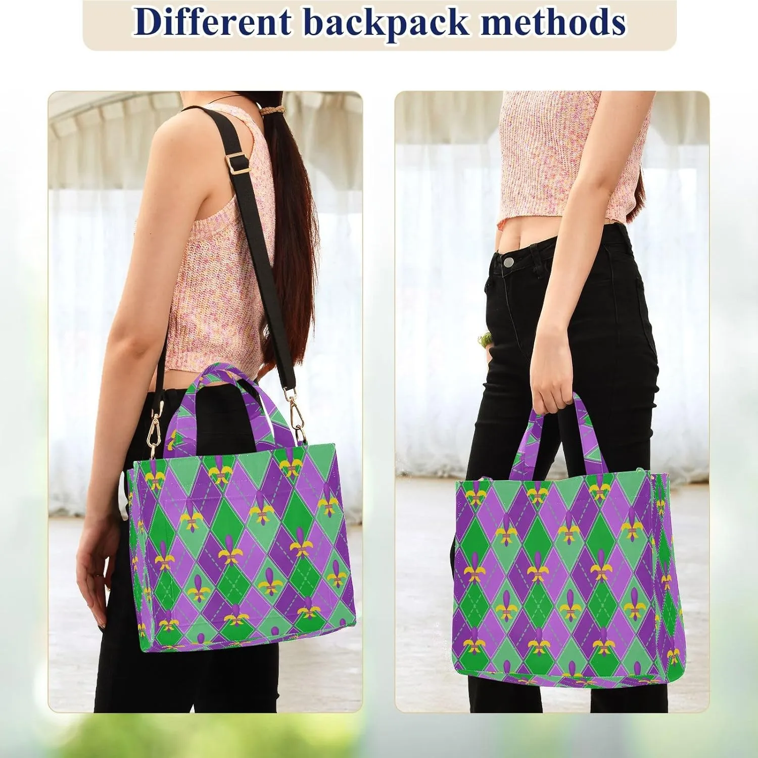Womens Corduroy Handbag Mardi Gras Carnival Geometric Fleur-de-lis Satchel Bag for Travel Beach Gym Shopping