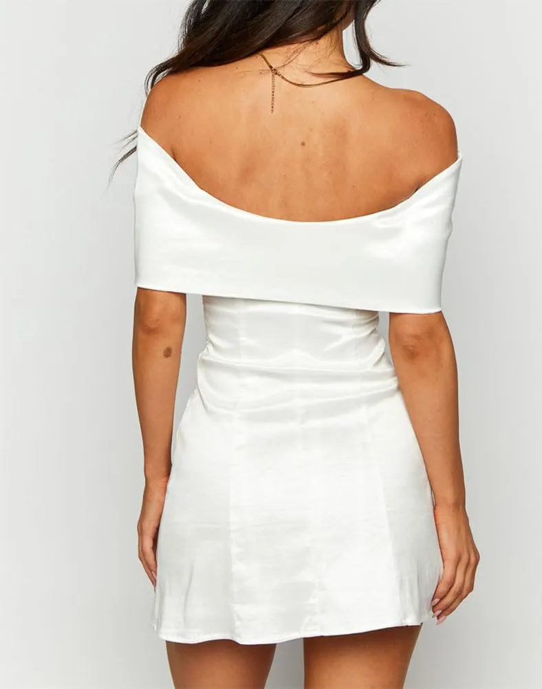 Women's Elegant Satin Off Shoulder Bow Front Mini Dress Stretchy Fitted Bodycon Party Club Cocktail Dress