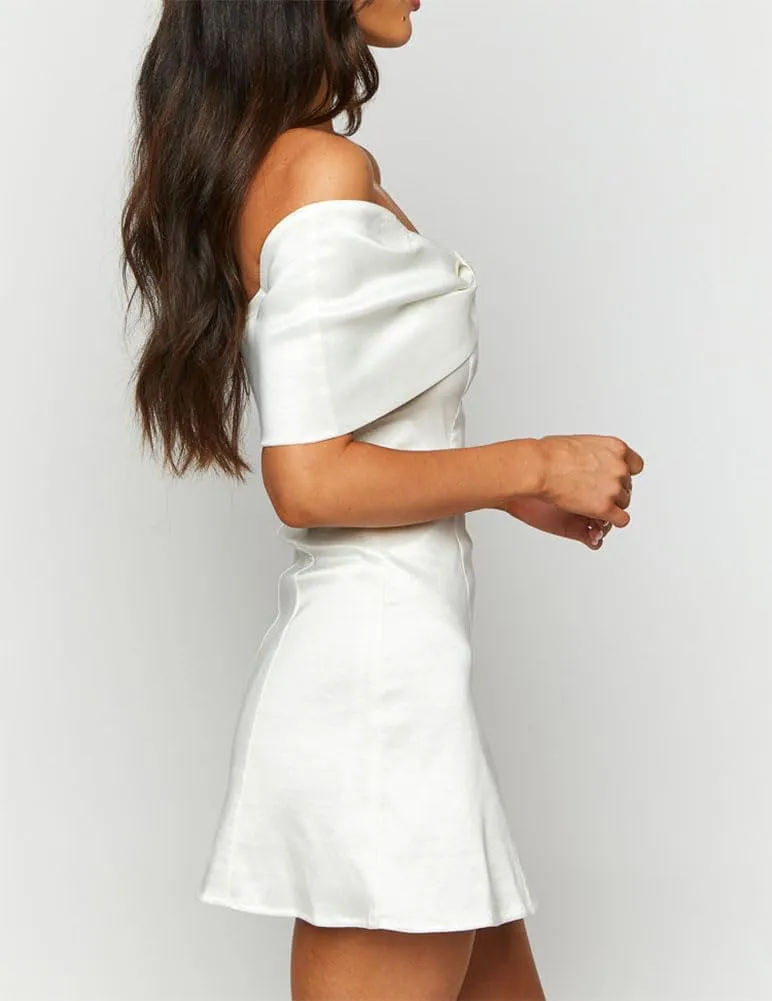 Women's Elegant Satin Off Shoulder Bow Front Mini Dress Stretchy Fitted Bodycon Party Club Cocktail Dress