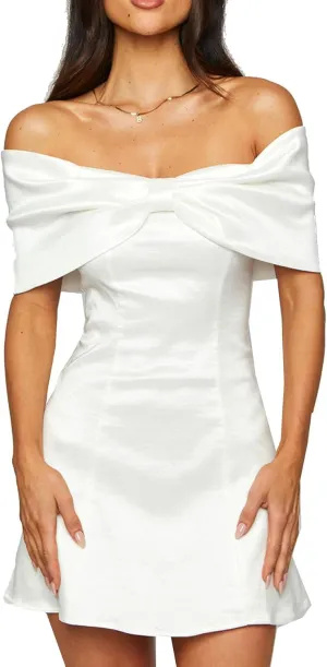 Women's Elegant Satin Off Shoulder Bow Front Mini Dress Stretchy Fitted Bodycon Party Club Cocktail Dress