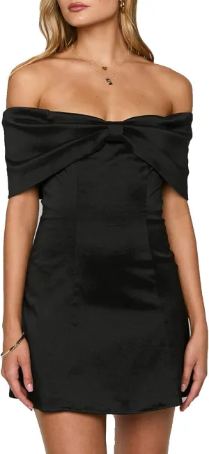 Women's Elegant Satin Off Shoulder Bow Front Mini Dress Stretchy Fitted Bodycon Party Club Cocktail Dress