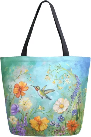 Womens Extra Large Canvas Shoulder Grocery Tote Bag, Beautiful Wild Flowers Hummingbird Durable Daily Handle Bag for Gym Yoga Weekender Picnic Beach Travel Kitchen Reusable Market Shopping