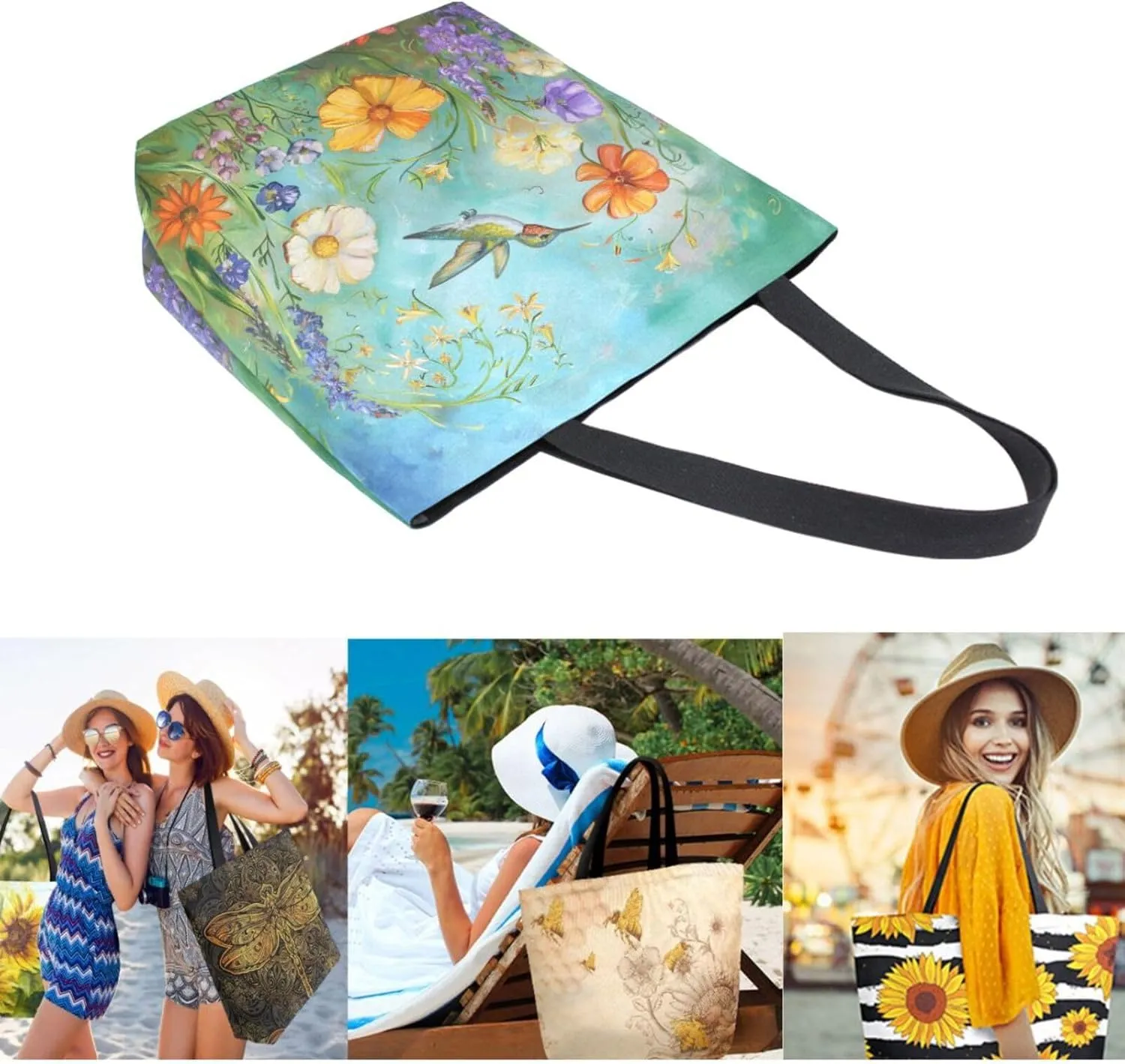 Womens Extra Large Canvas Shoulder Grocery Tote Bag, Beautiful Wild Flowers Hummingbird Durable Daily Handle Bag for Gym Yoga Weekender Picnic Beach Travel Kitchen Reusable Market Shopping