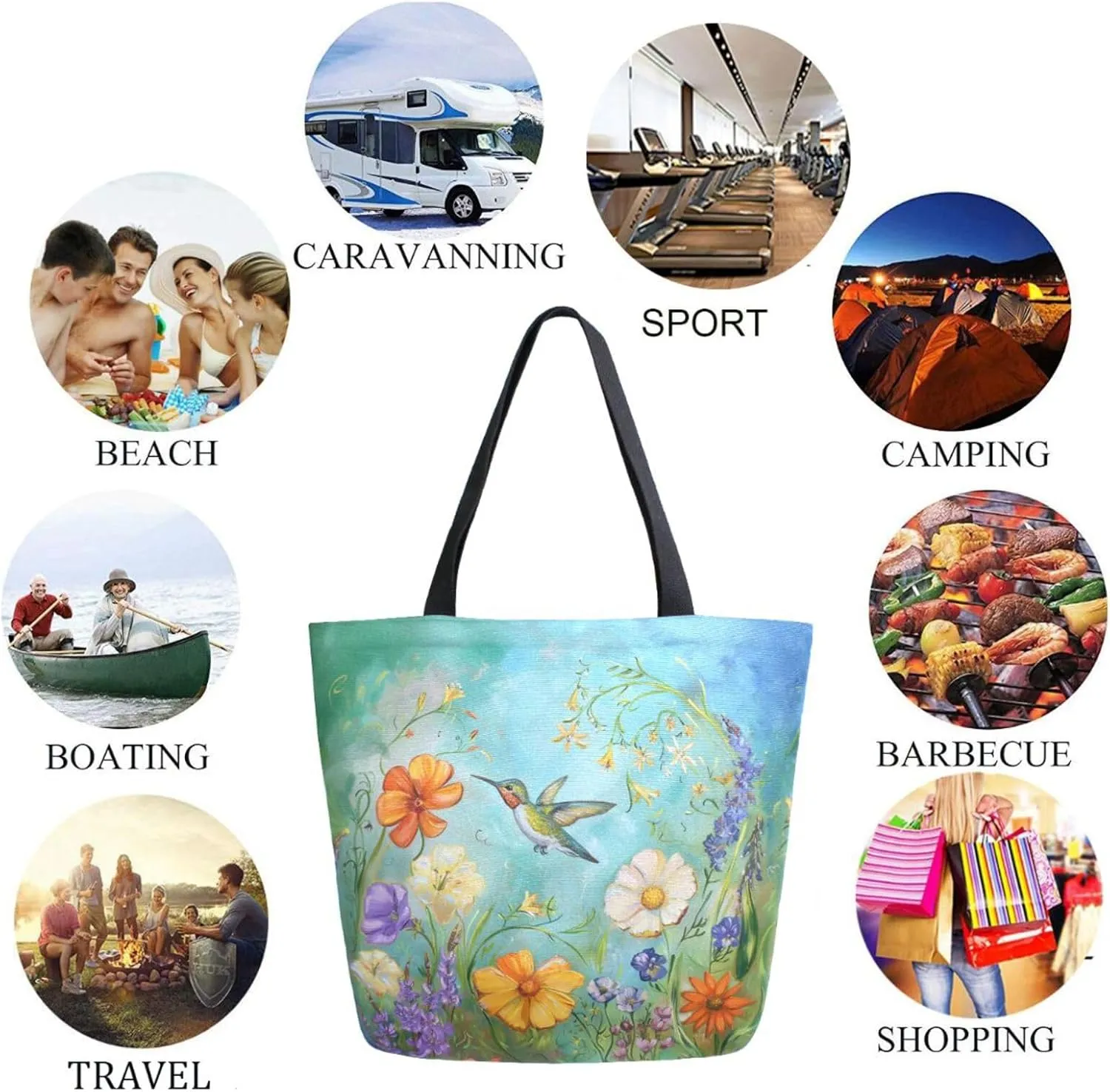 Womens Extra Large Canvas Shoulder Grocery Tote Bag, Beautiful Wild Flowers Hummingbird Durable Daily Handle Bag for Gym Yoga Weekender Picnic Beach Travel Kitchen Reusable Market Shopping