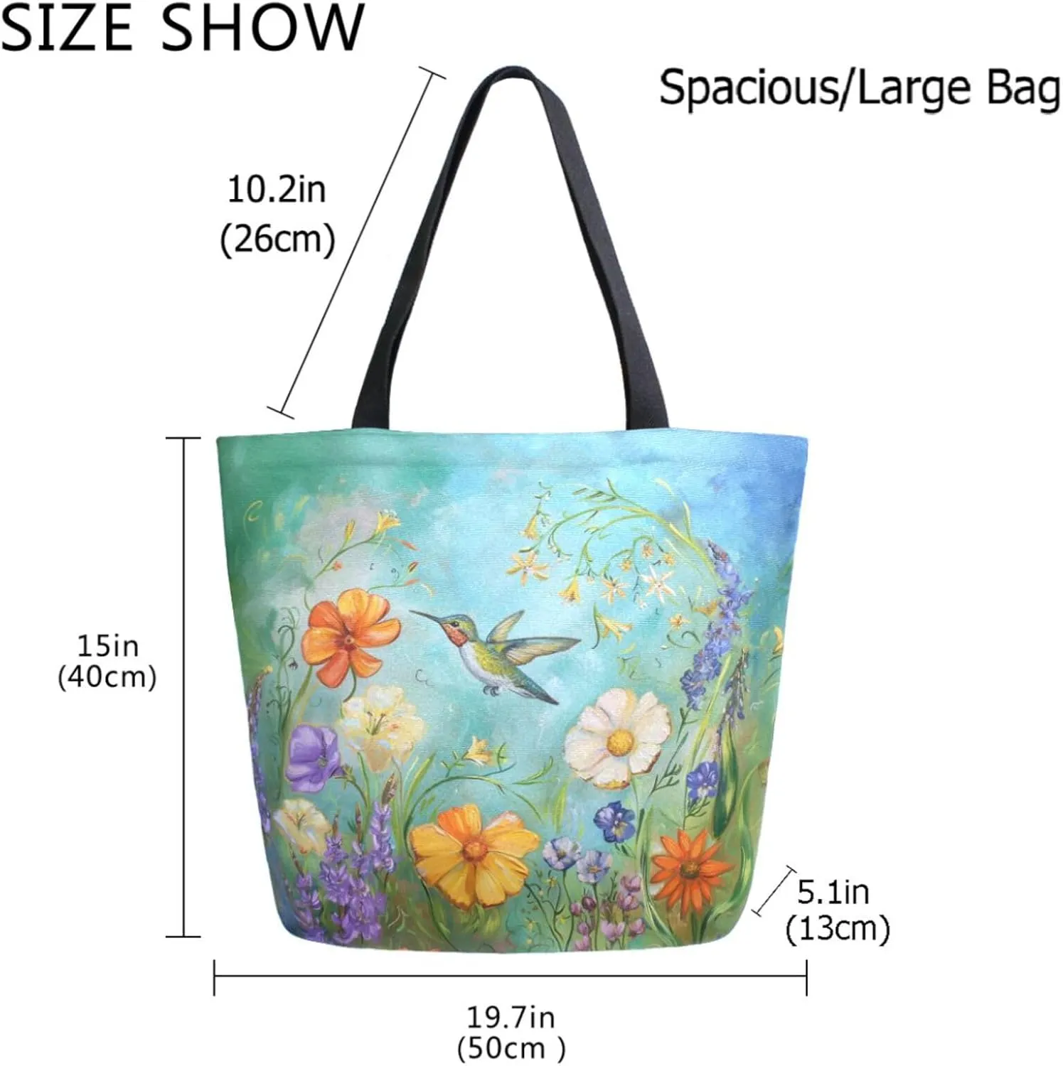 Womens Extra Large Canvas Shoulder Grocery Tote Bag, Beautiful Wild Flowers Hummingbird Durable Daily Handle Bag for Gym Yoga Weekender Picnic Beach Travel Kitchen Reusable Market Shopping