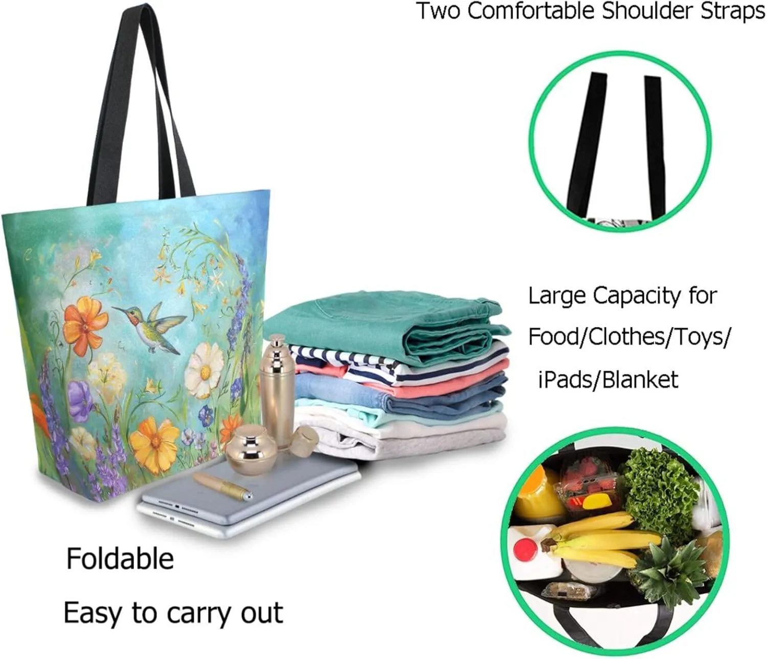 Womens Extra Large Canvas Shoulder Grocery Tote Bag, Beautiful Wild Flowers Hummingbird Durable Daily Handle Bag for Gym Yoga Weekender Picnic Beach Travel Kitchen Reusable Market Shopping
