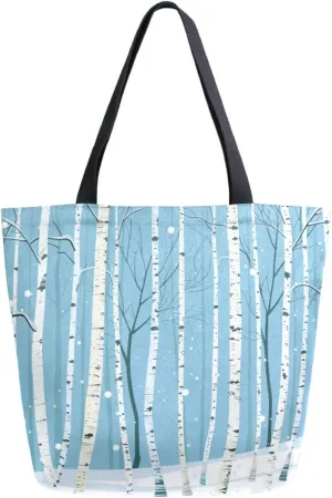 Womens Extra Large Canvas Shoulder Grocery Tote Bag, Winter Forest Birches Tree Blue Durable Daily Handle Bag for Gym Yoga Weekender Picnic Beach Travel Kitchen Reusable Market Shopping