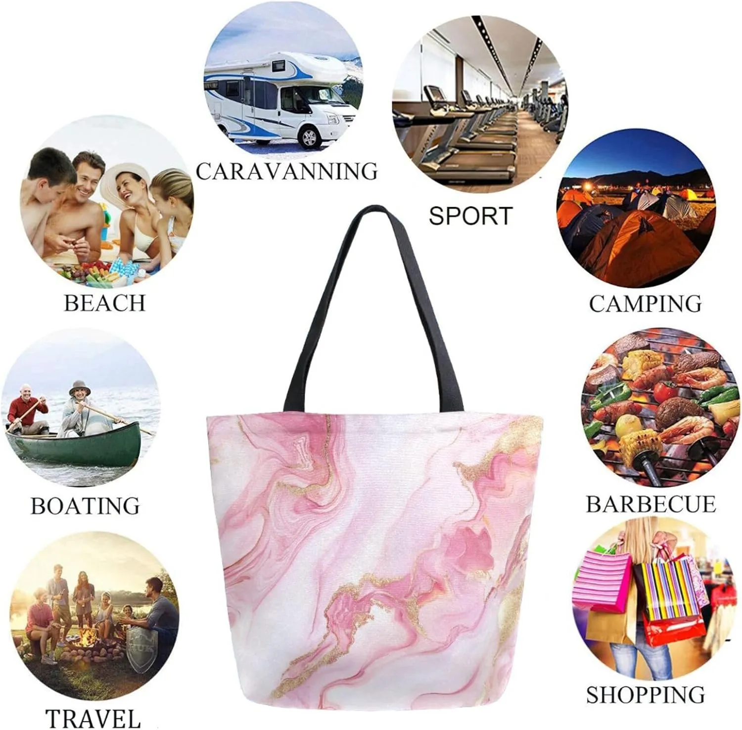 Womens Extra Large Canvas Shoulder Tote Bag, Beautiful Pink Marble with Gold Line Handle Bag for Gym Yoga Weekender Picnic Beach Travel Kitchen Reusable Market Grocery Shopping