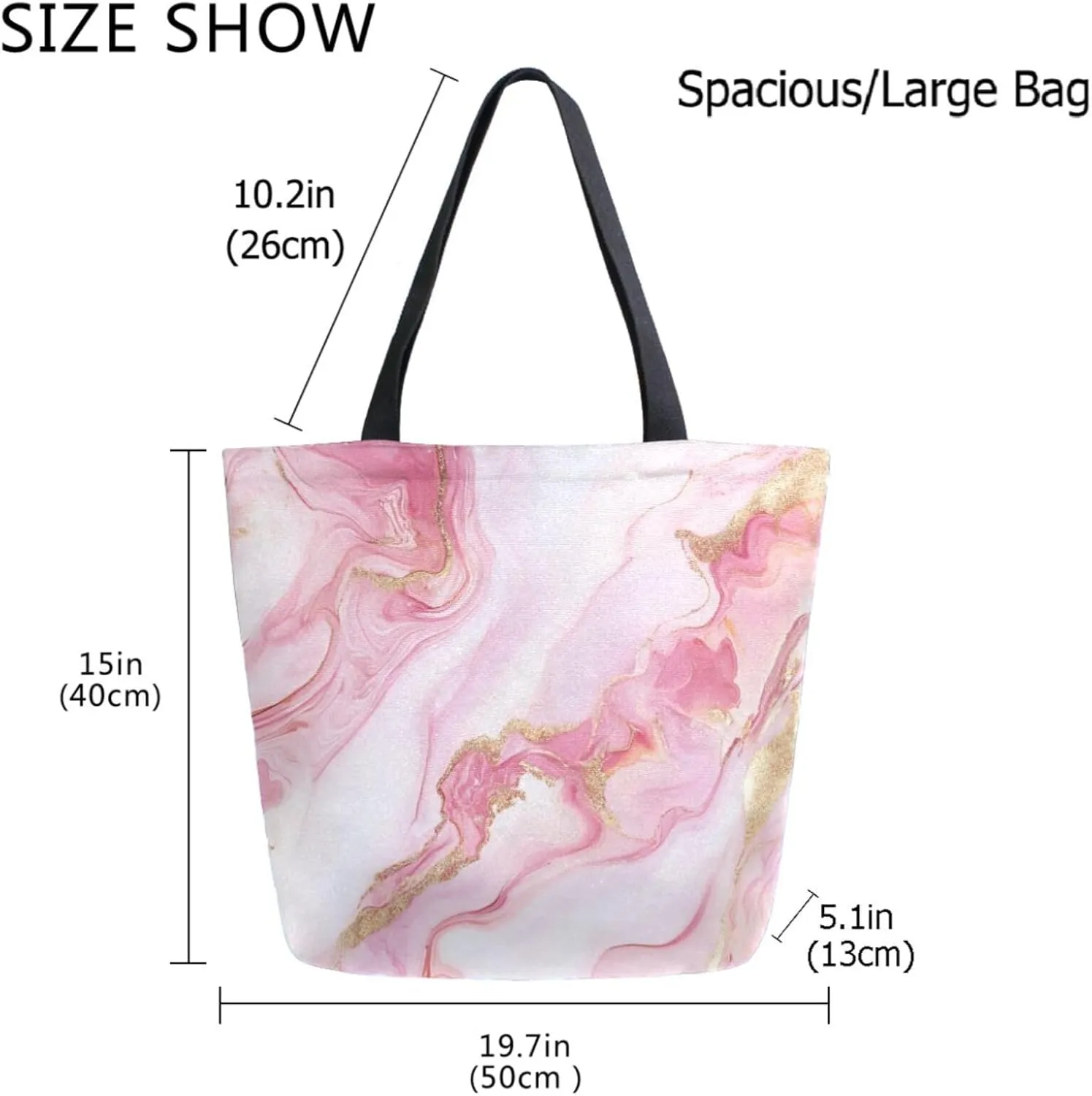 Womens Extra Large Canvas Shoulder Tote Bag, Beautiful Pink Marble with Gold Line Handle Bag for Gym Yoga Weekender Picnic Beach Travel Kitchen Reusable Market Grocery Shopping
