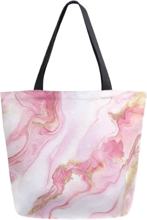 Womens Extra Large Canvas Shoulder Tote Bag, Beautiful Pink Marble with Gold Line Handle Bag for Gym Yoga Weekender Picnic Beach Travel Kitchen Reusable Market Grocery Shopping