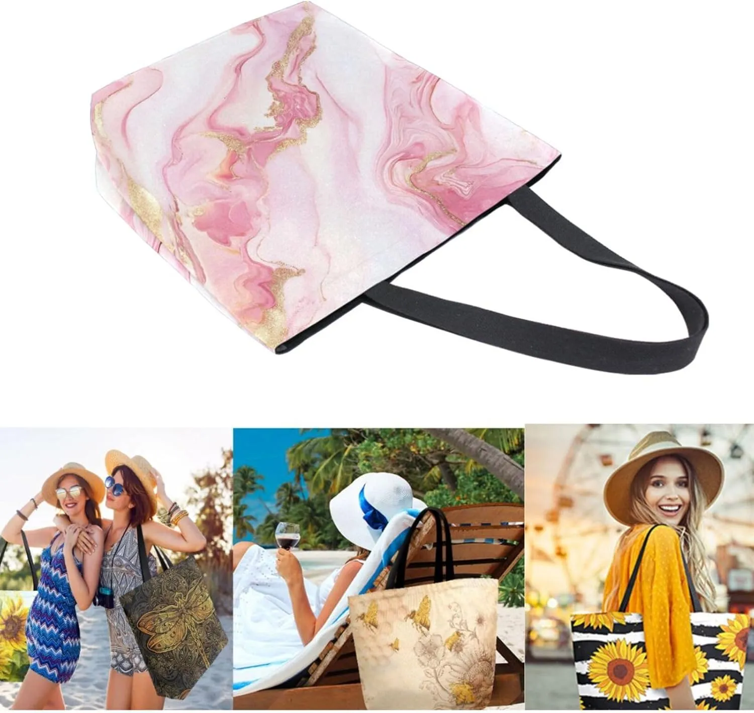 Womens Extra Large Canvas Shoulder Tote Bag, Beautiful Pink Marble with Gold Line Handle Bag for Gym Yoga Weekender Picnic Beach Travel Kitchen Reusable Market Grocery Shopping