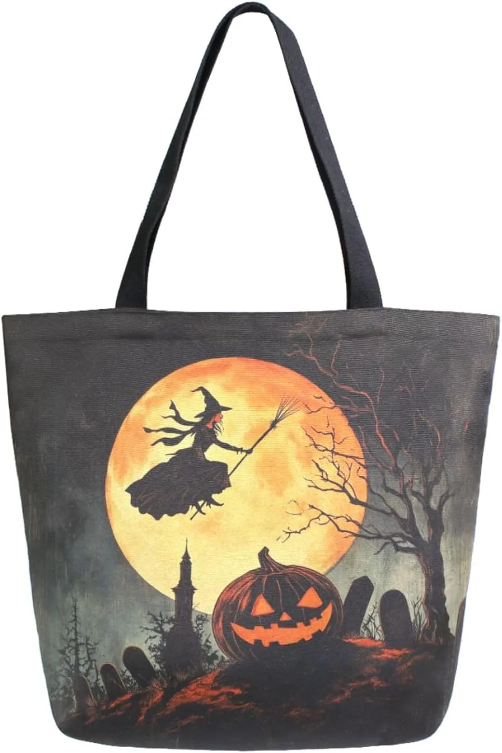 Womens Extra Large Canvas Shoulder Tote Bag, Halloween Cemetery Carved Pumpkin Flying Witch Handle Bag for Gym Yoga Weekender Picnic Beach Travel Kitchen Reusable Market Grocery Shopping