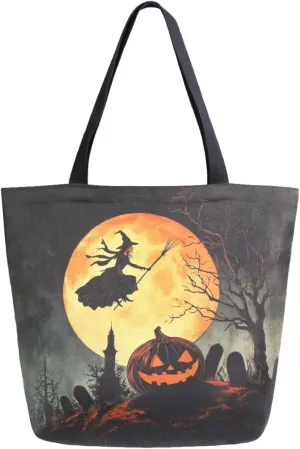 Womens Extra Large Canvas Shoulder Tote Bag, Halloween Cemetery Carved Pumpkin Flying Witch Handle Bag for Gym Yoga Weekender Picnic Beach Travel Kitchen Reusable Market Grocery Shopping