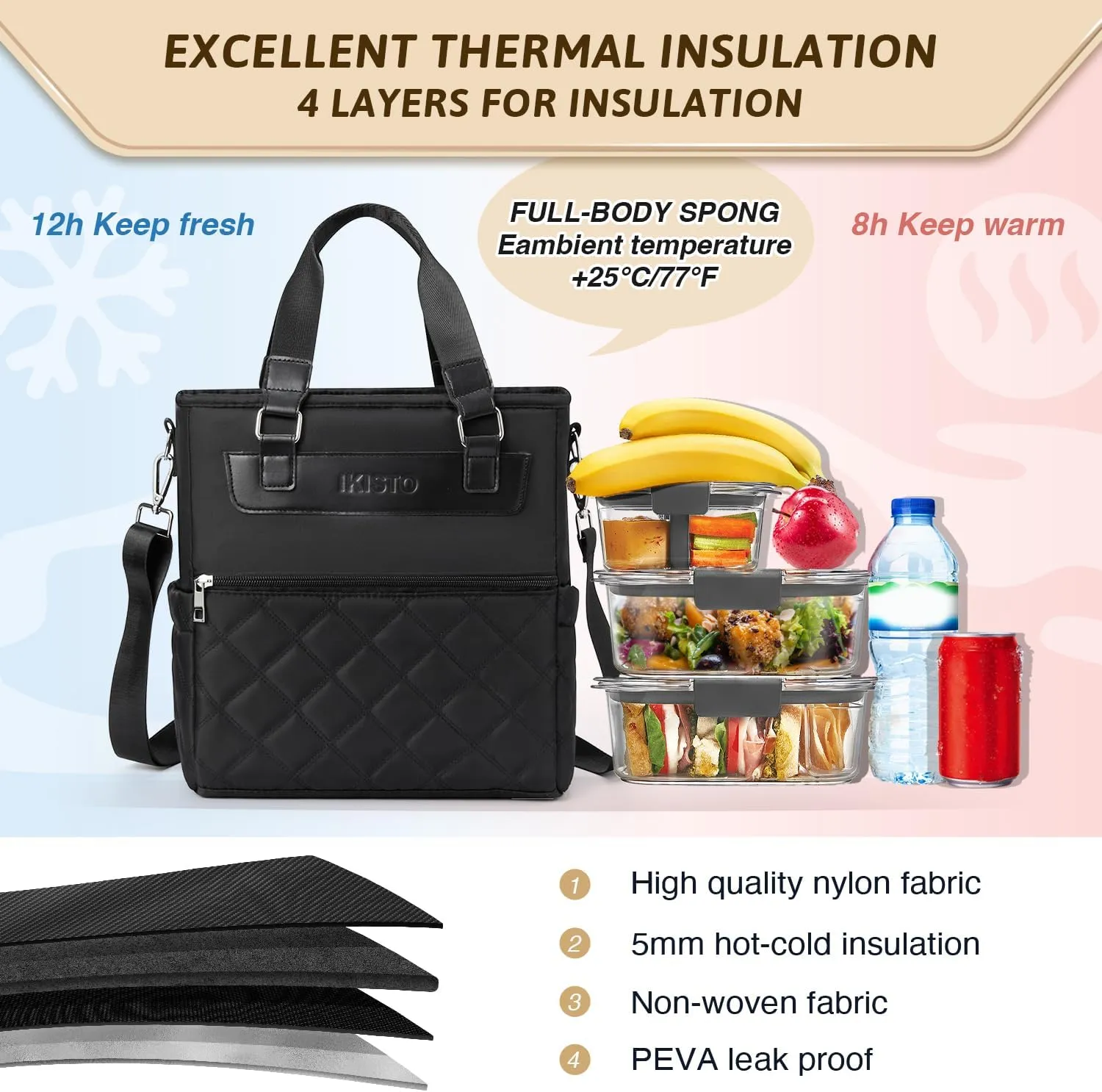 Womens Insulated Lunch Bags for Work, Trendy Black Large Lunch Tote Bag for Women with Shoulder Strap, Cute Square Lunch Box for Adults Teacher