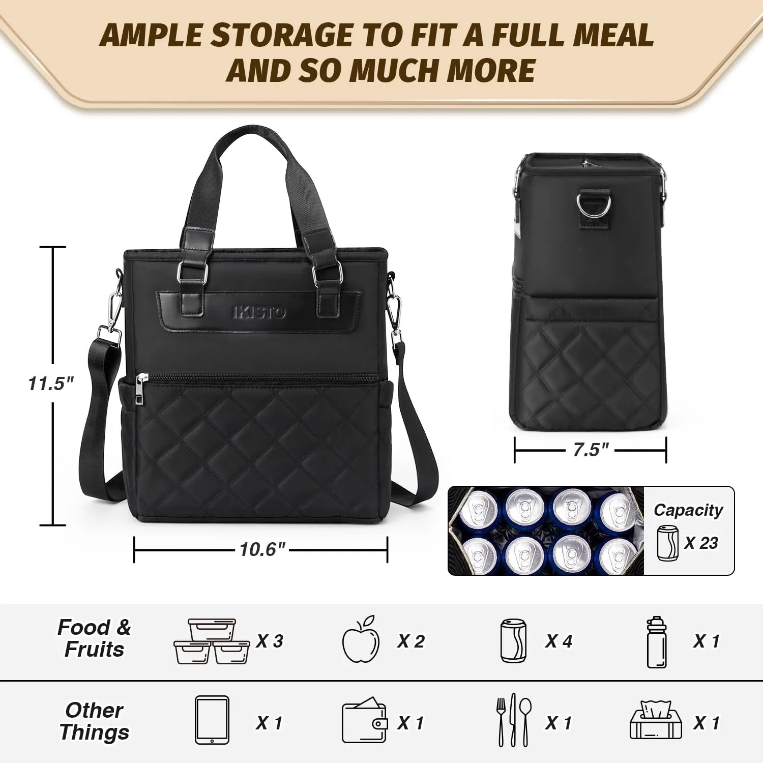 Womens Insulated Lunch Bags for Work, Trendy Black Large Lunch Tote Bag for Women with Shoulder Strap, Cute Square Lunch Box for Adults Teacher