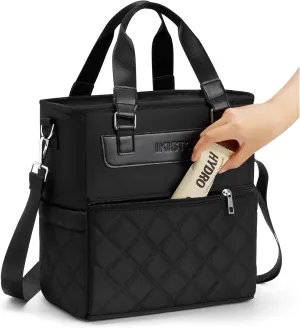 Womens Insulated Lunch Bags for Work, Trendy Black Large Lunch Tote Bag for Women with Shoulder Strap, Cute Square Lunch Box for Adults Teacher