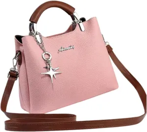 Women's Large Capacity Leather Handbag with Quilted Pattern, Wooden Handle