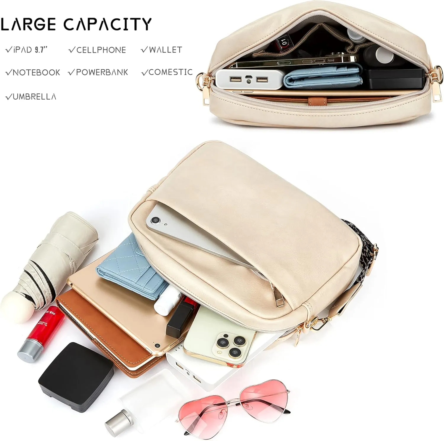 Women's Leather Crossbody Bag Zipper Shoulder Camera Purse