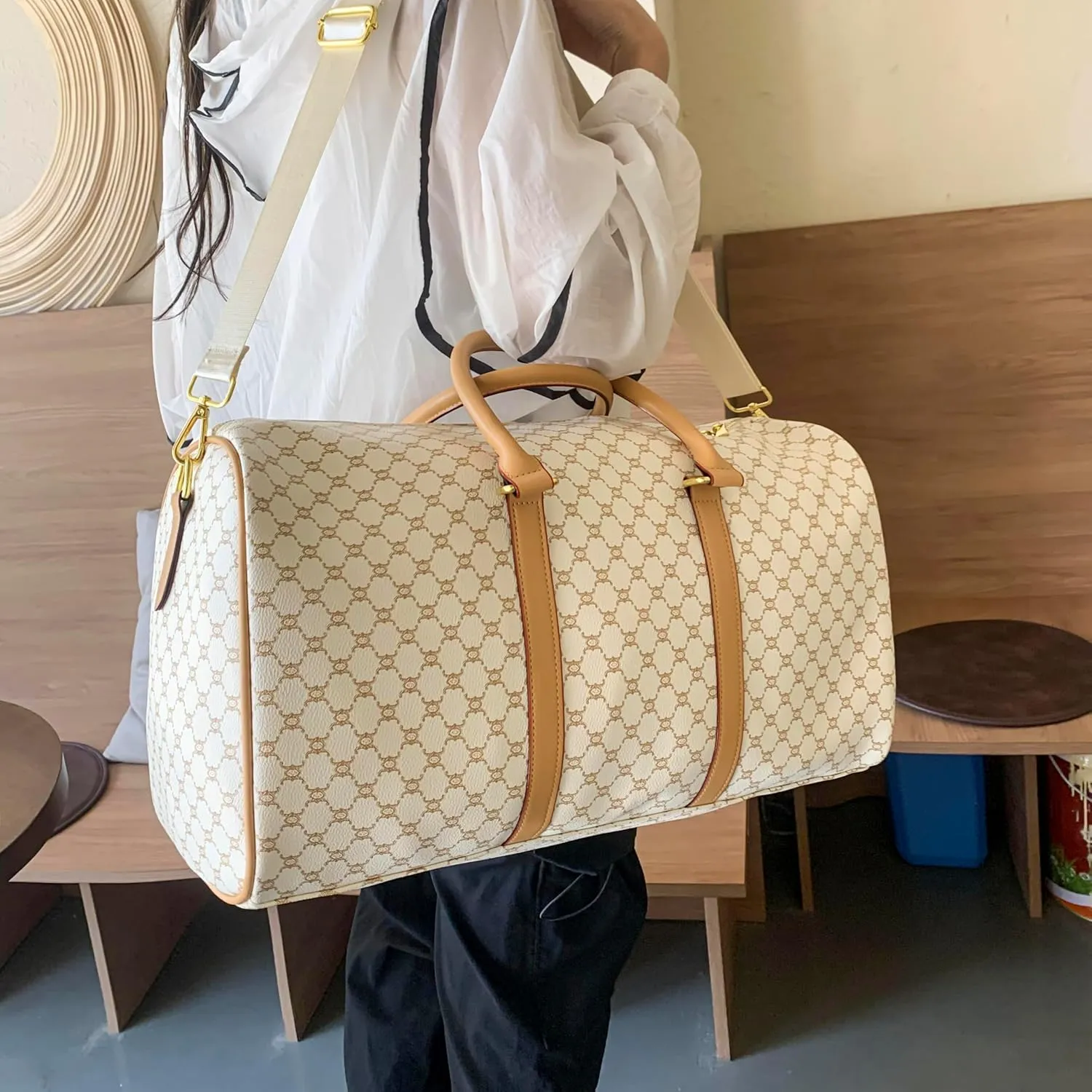 Womens Leather Overnight Duffle Bags - Large Tote, Waterproof Weekender & Carry-On Bags for Travel, Gym (White)