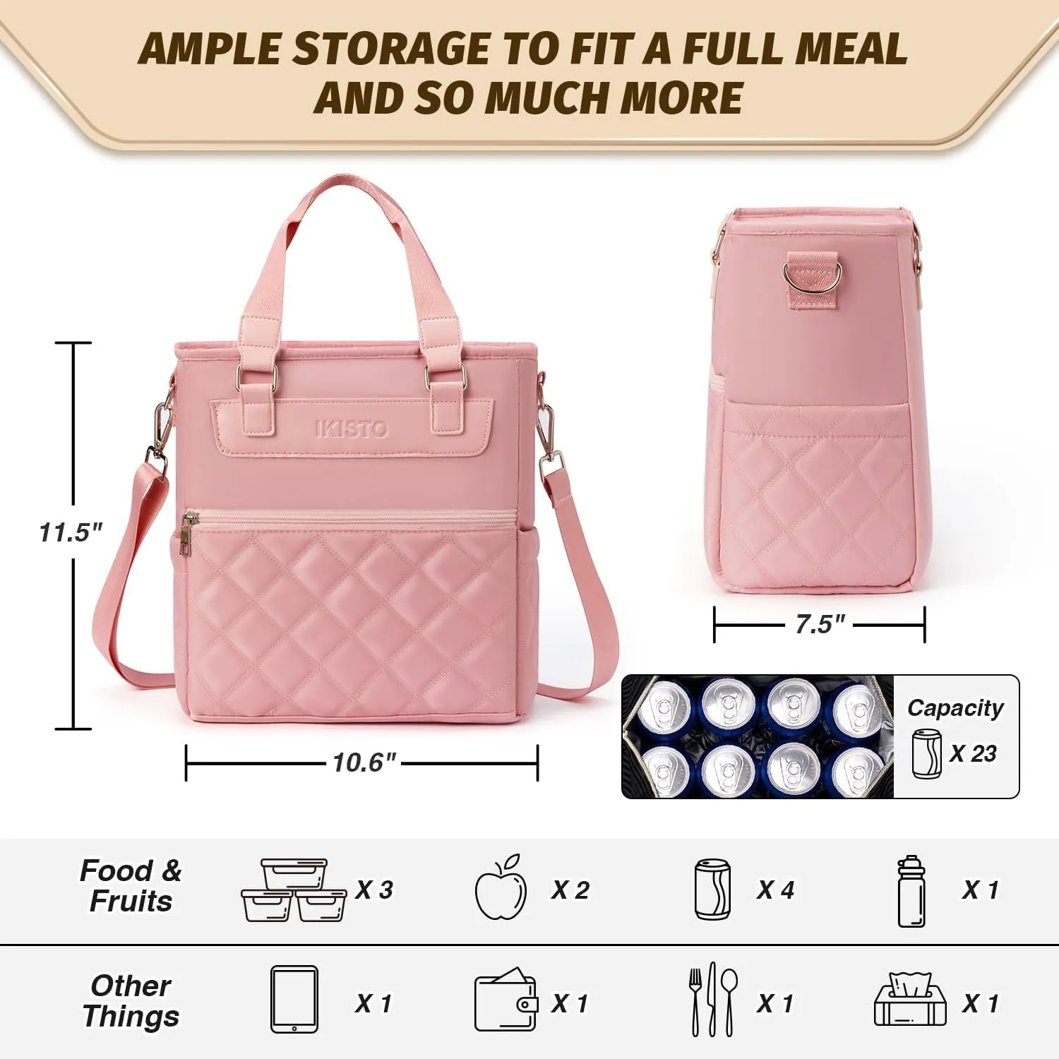 Womens Lunch Box Bag For Work - Insulated Lunch Bags Soft Lunch Box With Side Pocket Wide Open Tote Cooler Bag Adjustable Shoulder Strap Lunch bag(Pink Lunch Bag)