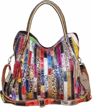 Women's Multicolor Tote Handbag Abstract Design Handbag Genuine Leather Hobo Shoulder Purse