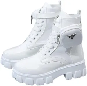 Women's Platform Block Lace Up Ankle Boots Fashion Round Closed Toe Low Heel Combat Short Boots With Pouch Pocket Punk Motorcycle Booties Fall Winter Shoes