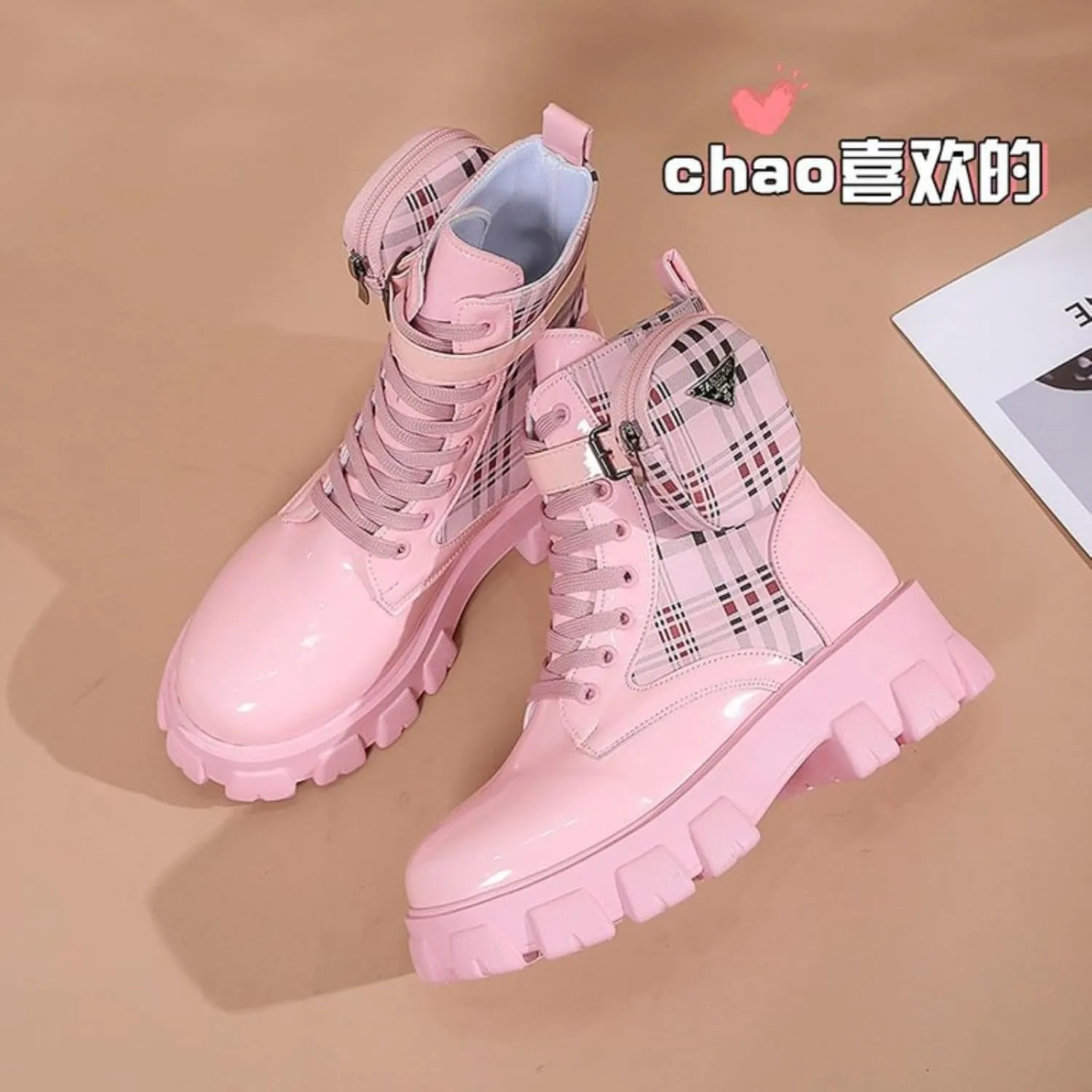 Women's Platform Block Lace Up Ankle Boots Fashion Round Closed Toe Low Heel Combat Short Boots With Pouch Pocket Punk Motorcycle Booties Fall Winter Shoes